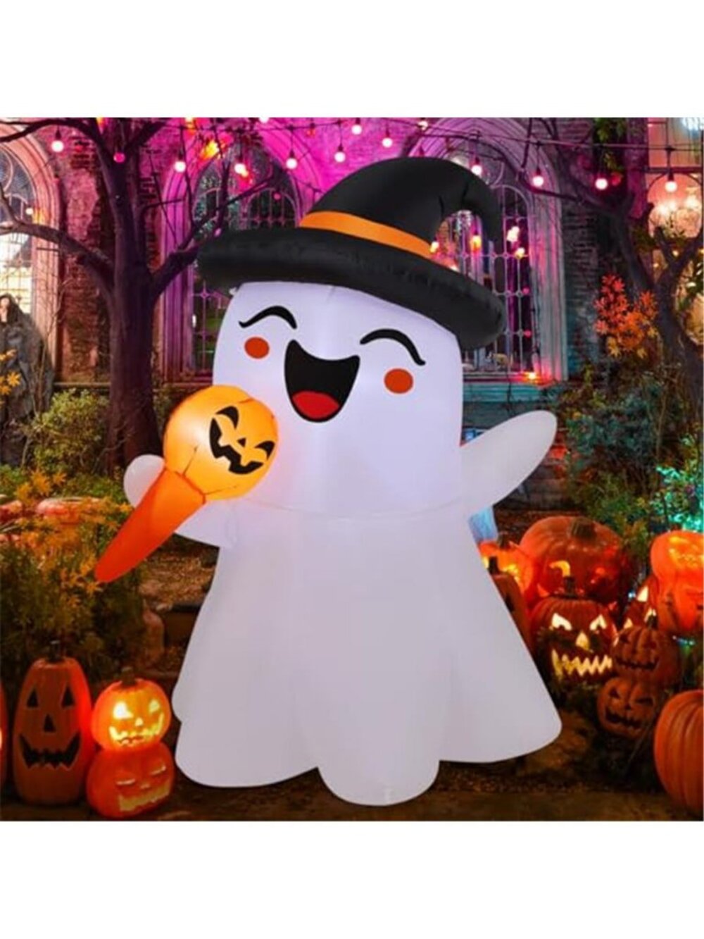 5.1FT Halloween Inflatables Singing Ghost Witch Hat Yard LEDs Decor